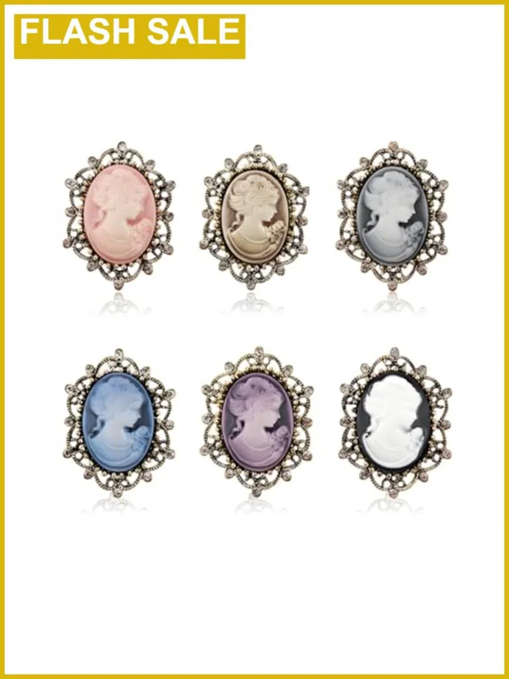 Victorian Cameo Brooch Pin, 6 Piece Set, Antique Gold Finish, Scarf Lapel Pin,